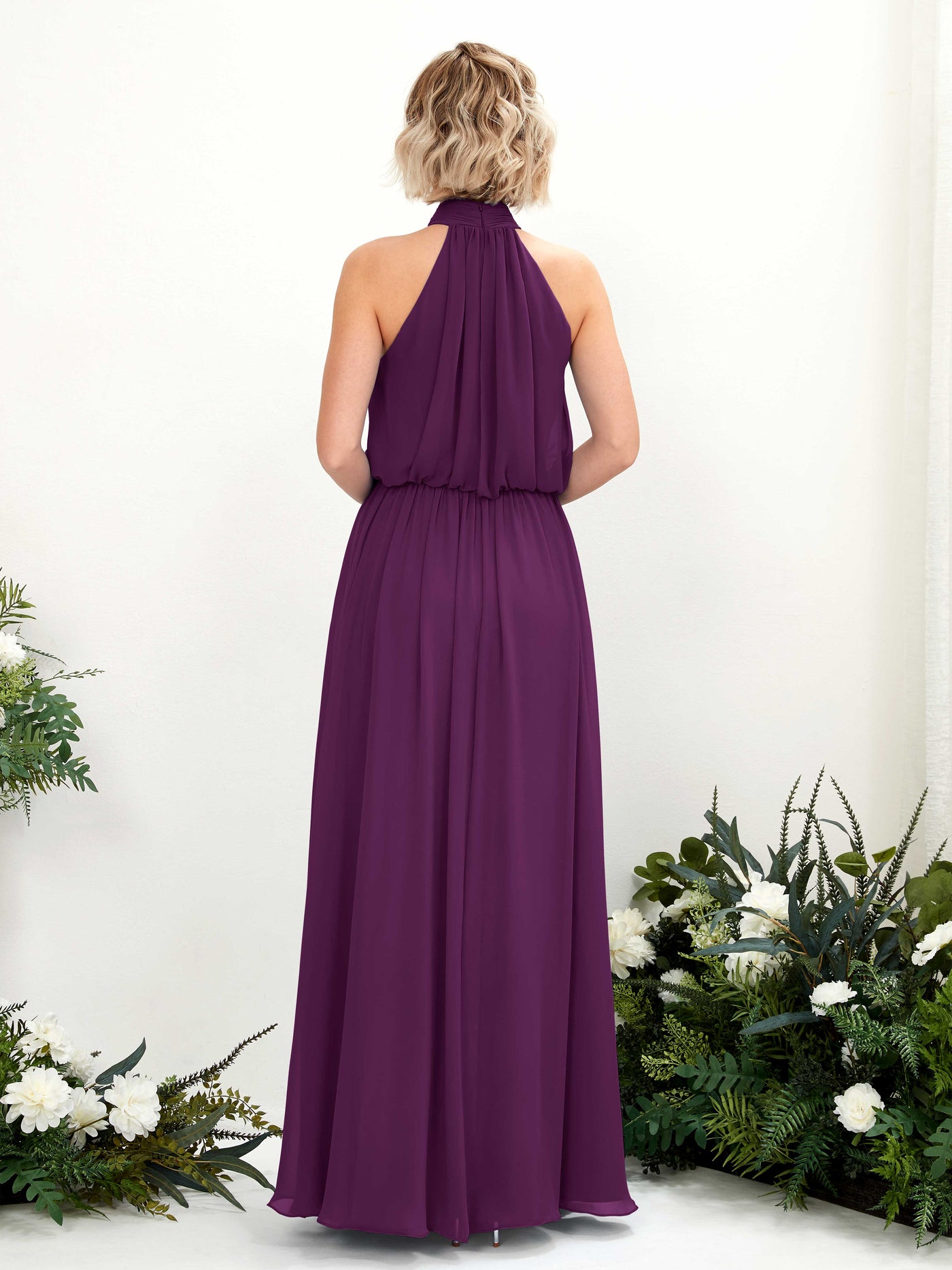 Carlyna Vestido línea A con cuello redondo hasta el suelo de gasa vestidos de dama de honor Uva #color_uva