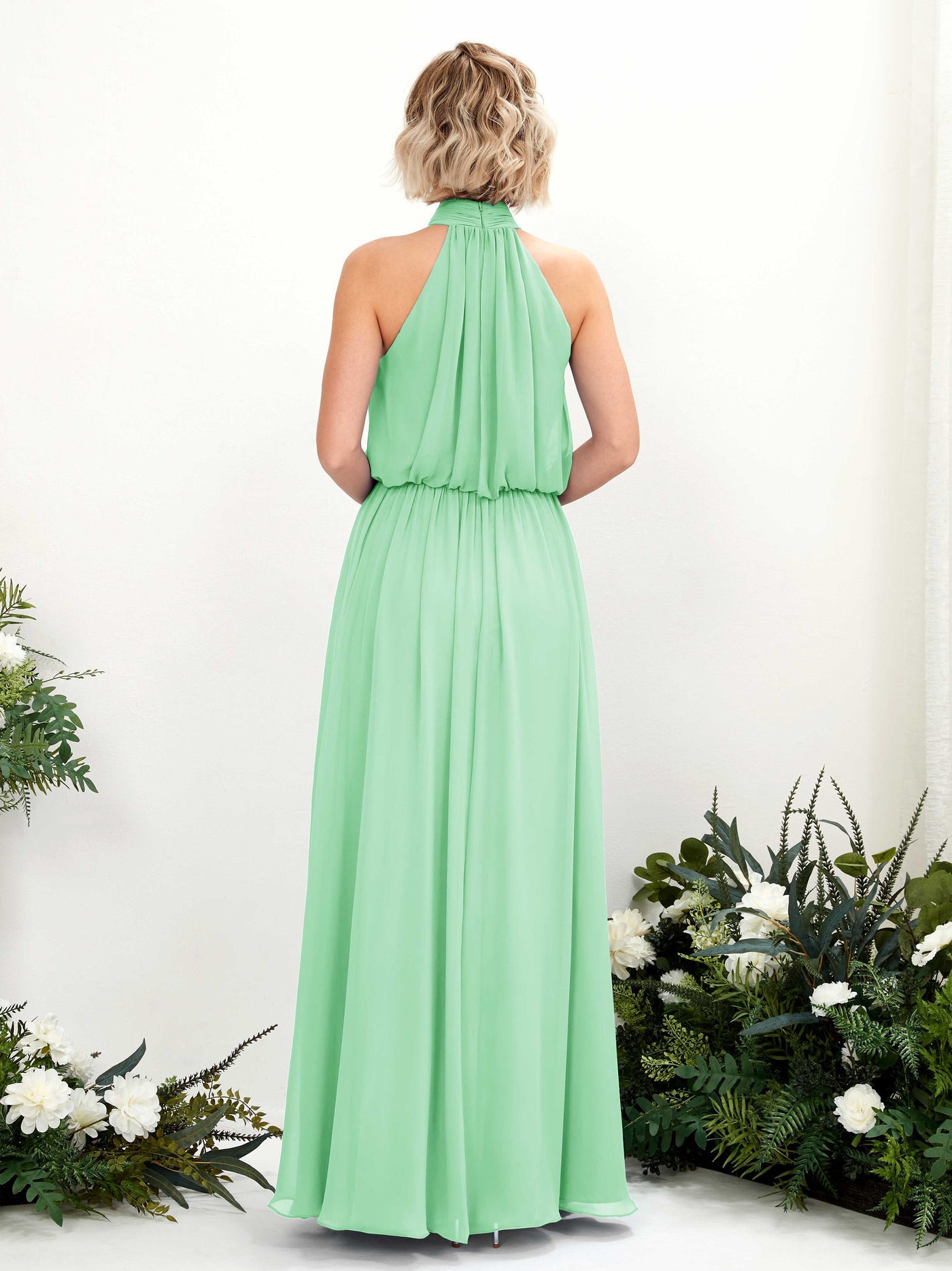 Carlyna Vestido línea A con cuello redondo hasta el suelo de gasa vestidos de dama de honor Verde Menta #color_verde-menta