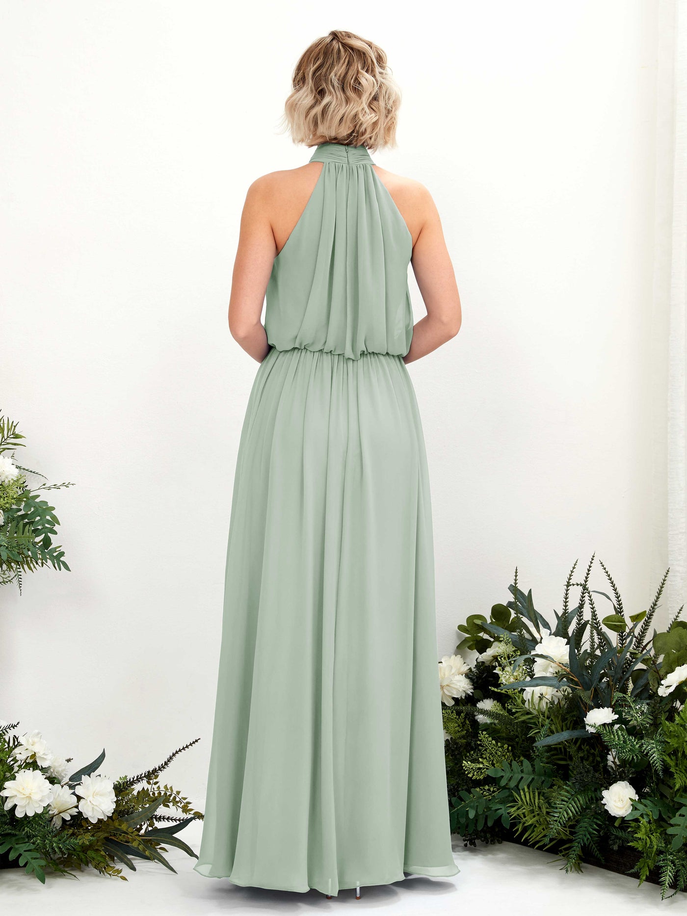 Carlyna Vestido línea A con cuello redondo hasta el suelo de gasa vestidos de dama de honor Verde Salvia #color_verde-salvia