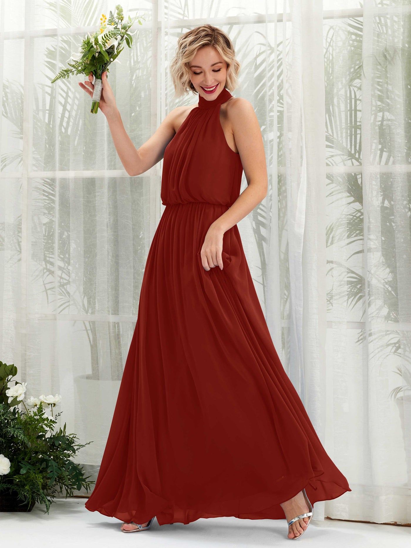 Carlyna Vestido línea A con cuello redondo hasta el suelo de gasa vestidos de dama de honor Óxido #color_xido