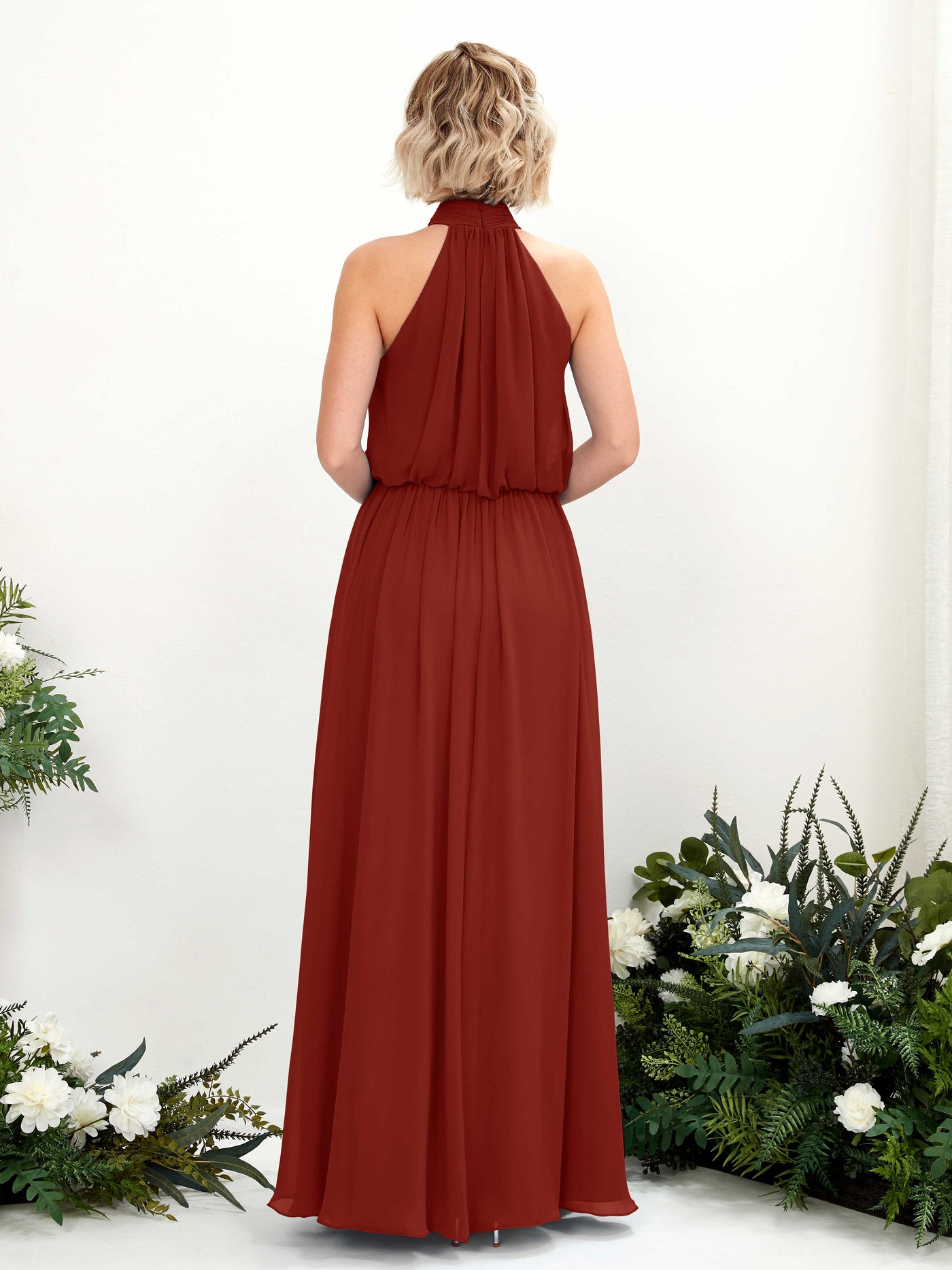Carlyna Vestido línea A con cuello redondo hasta el suelo de gasa vestidos de dama de honor Óxido #color_xido