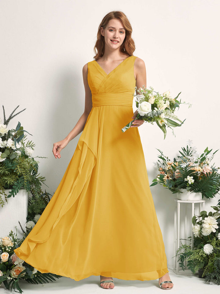 Carlyna Vestido línea A con escote en V hasta el suelo vestido de dama de honor Amarillo Mostaza 