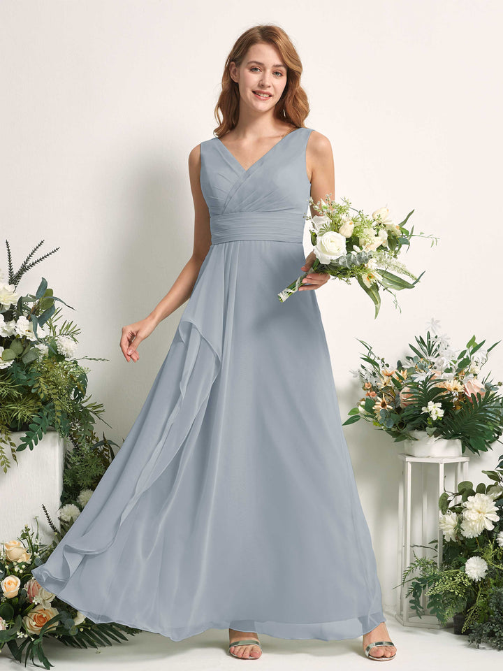 Carlyna Vestido línea A con escote en V hasta el suelo vestido de dama de honor Azul Empolvado Mejorado 
