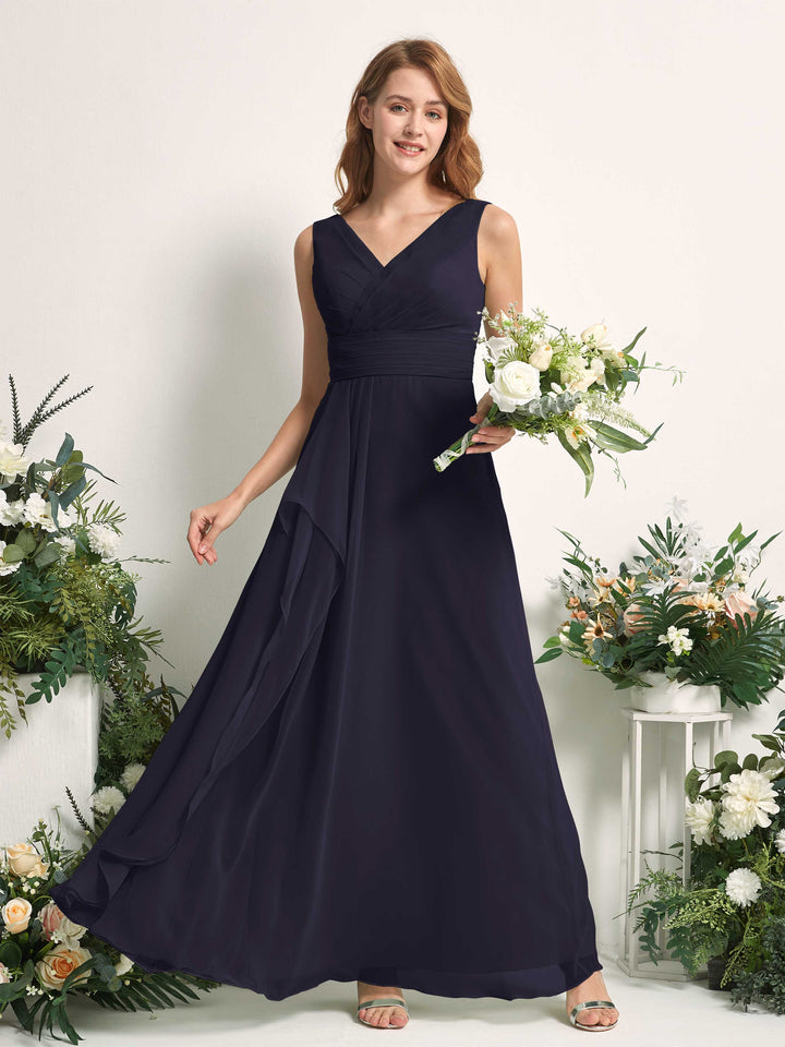 Carlyna Vestido línea A con escote en V hasta el suelo vestido de dama de honor Azul Marino Oscuro 