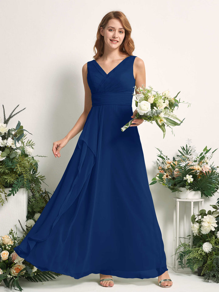 Carlyna Vestido línea A con escote en V hasta el suelo vestido de dama de honor Azul Real 