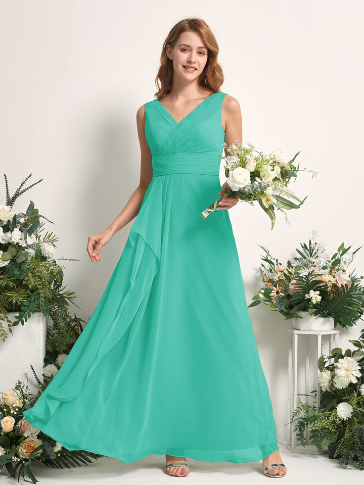 Carlyna Vestido línea A con escote en V hasta el suelo vestido de dama de honor Azul Tiffany 