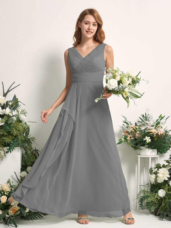 Carlyna Vestido línea A con escote en V hasta el suelo vestido de dama de honor Gris Acero 