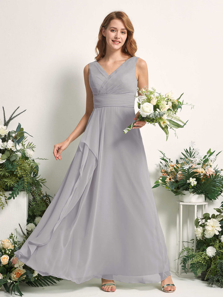Carlyna Vestido línea A con escote en V hasta el suelo vestido de dama de honor Gris Paloma 