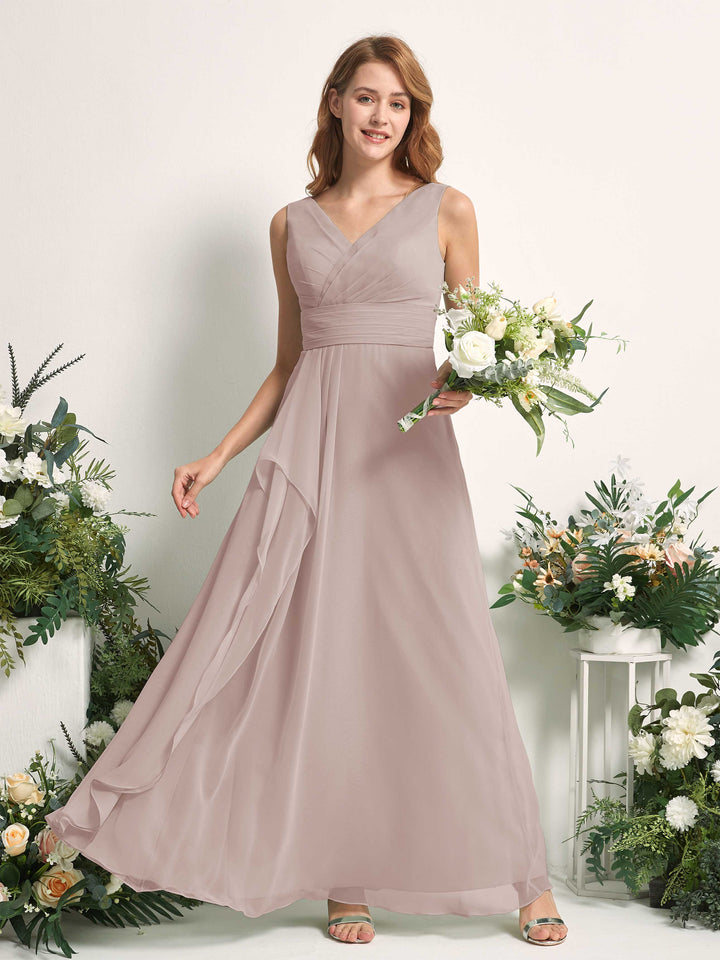 Carlyna Vestido línea A con escote en V hasta el suelo vestido de dama de honor Gris Pardo 