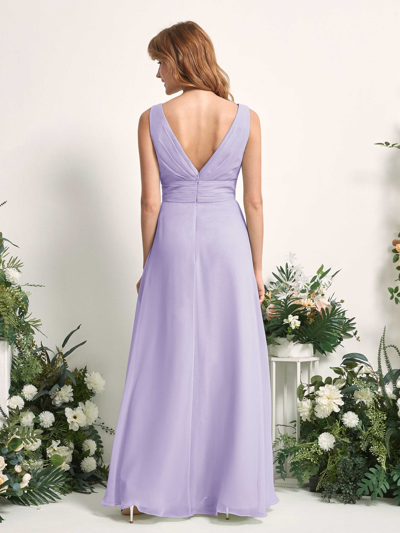 Carlyna Vestido línea A con escote en V hasta el suelo vestido de dama de honor Lila #color_lila