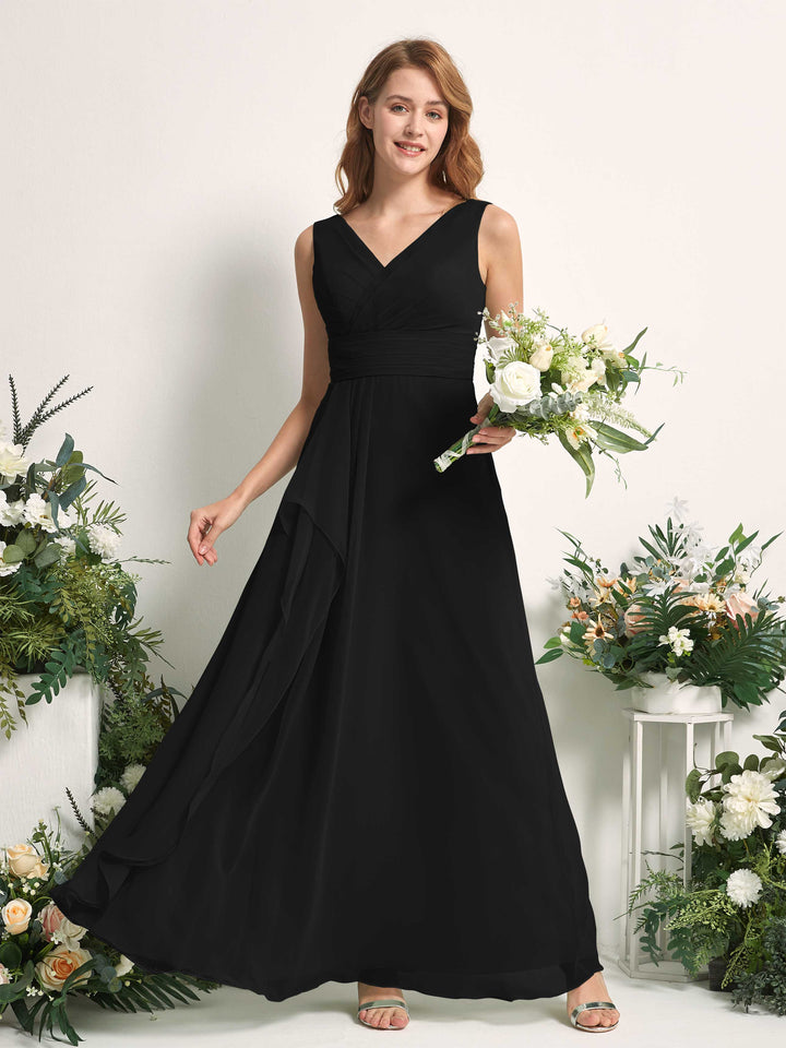Carlyna Vestido línea A con escote en V hasta el suelo vestido de dama de honor Negro 