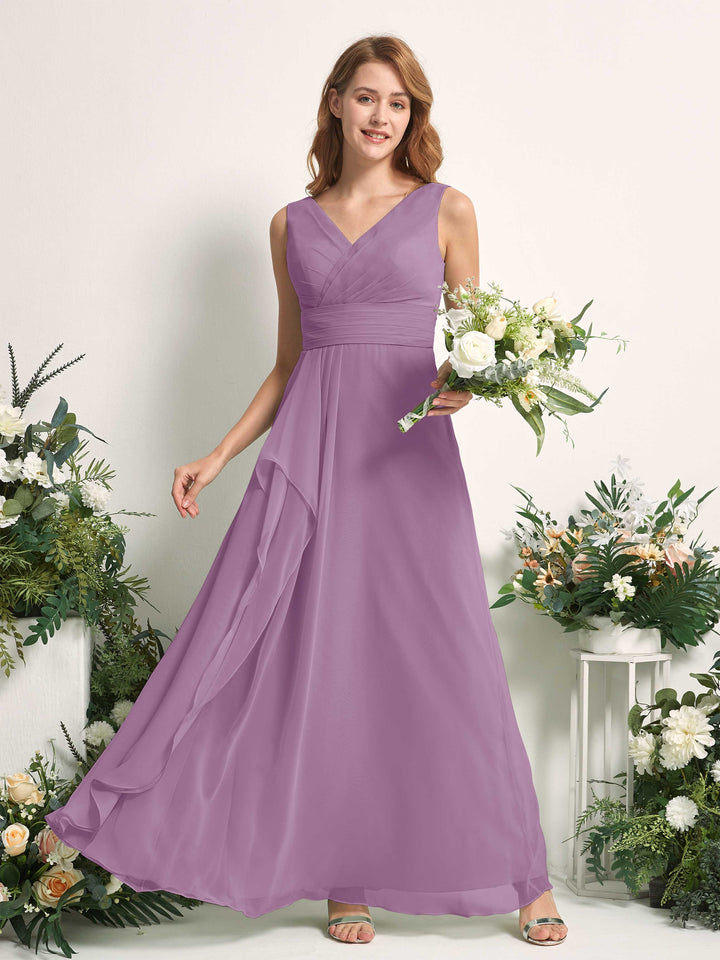 Carlyna Vestido línea A con escote en V hasta el suelo vestido de dama de honor Niebla Orquídea 