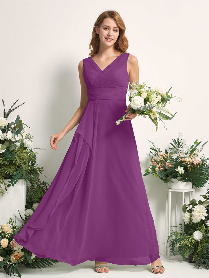 Carlyna Vestido línea A con escote en V hasta el suelo vestido de dama de honor Púrpura 