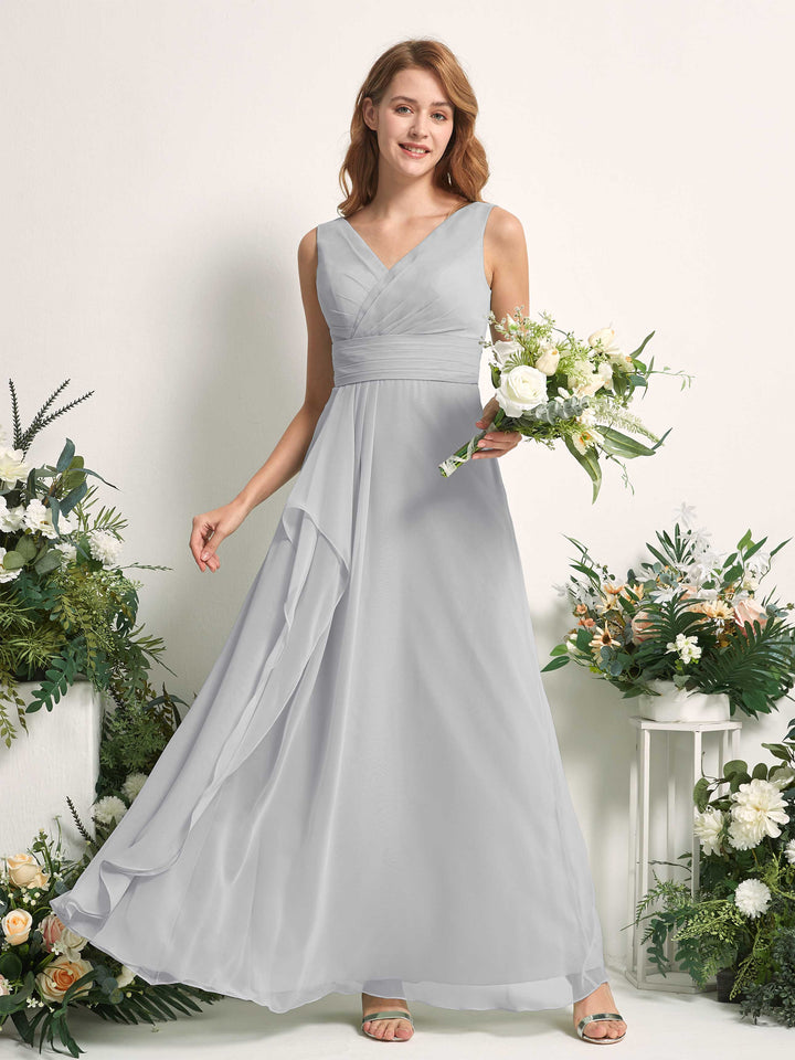 Carlyna Vestido línea A con escote en V hasta el suelo vestido de dama de honor Plata 
