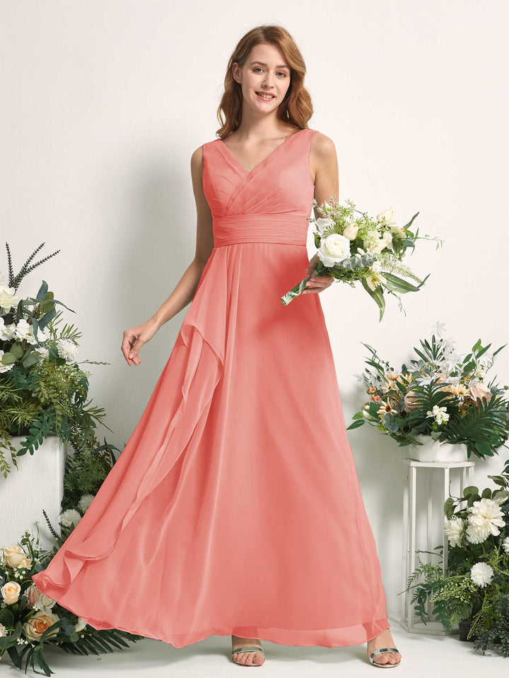 Carlyna Vestido línea A con escote en V hasta el suelo vestido de dama de honor Rosa Melocotón 