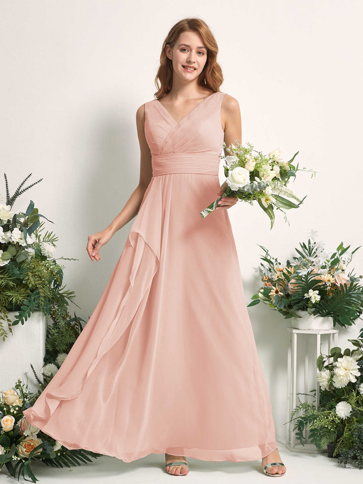 Carlyna Vestido línea A con escote en V hasta el suelo vestido de dama de honor Rosa Perla 