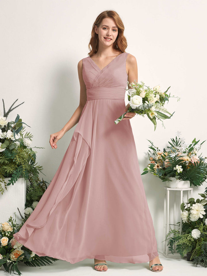 Carlyna Vestido línea A con escote en V hasta el suelo vestido de dama de honor Rosa Polvorienta 