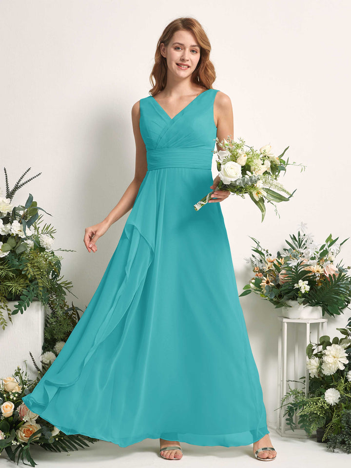 Carlyna Vestido línea A con escote en V hasta el suelo vestido de dama de honor Turquesa 