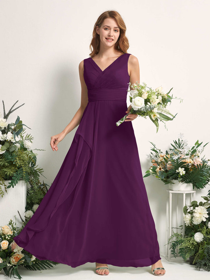 Carlyna Vestido línea A con escote en V hasta el suelo vestido de dama de honor Uva 