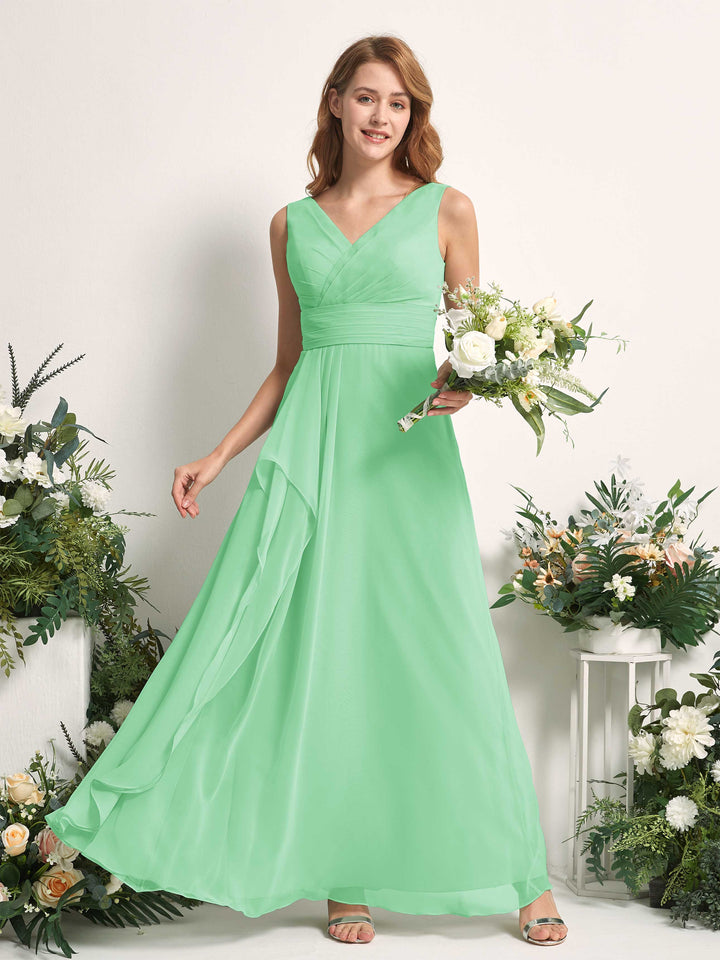 Carlyna Vestido línea A con escote en V hasta el suelo vestido de dama de honor Verde Menta 