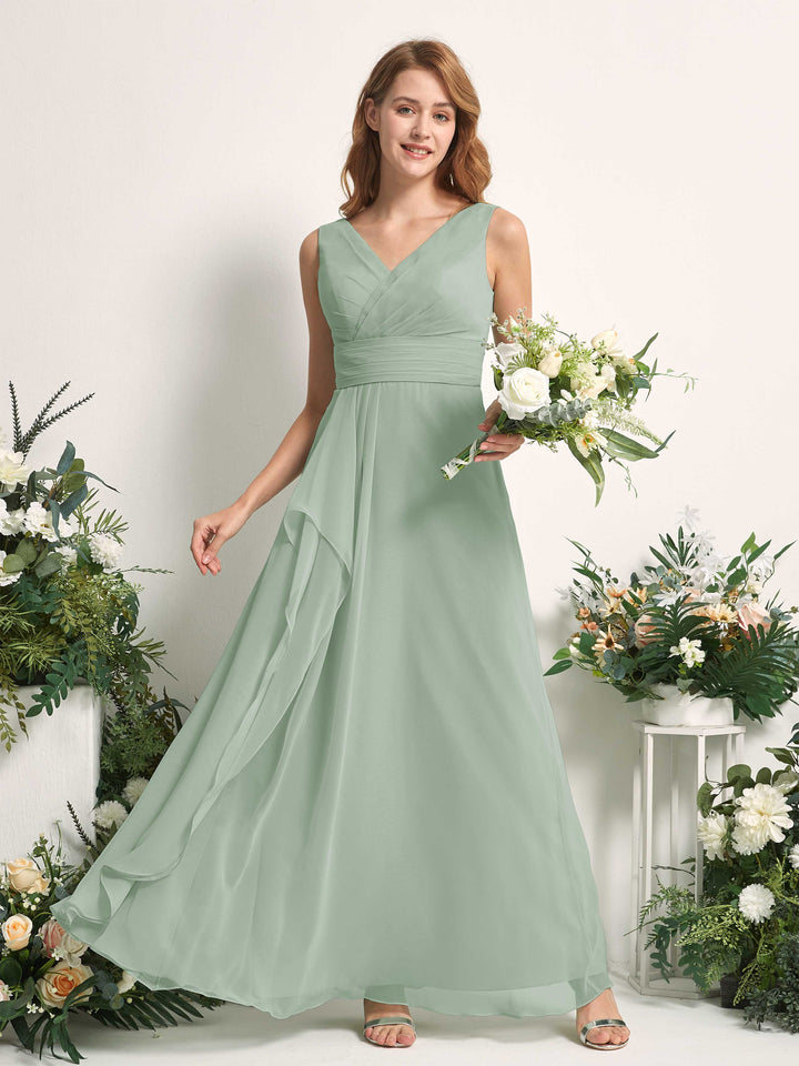 Carlyna Vestido línea A con escote en V hasta el suelo vestido de dama de honor Verde Salvia 