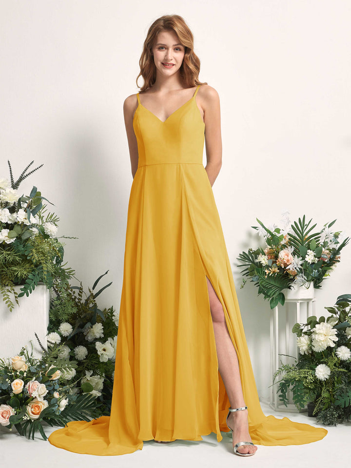 Carlyna Vestido línea A con escote en V y hendidura de pierna hasta el suelo dama de honor Amarillo Mostaza 