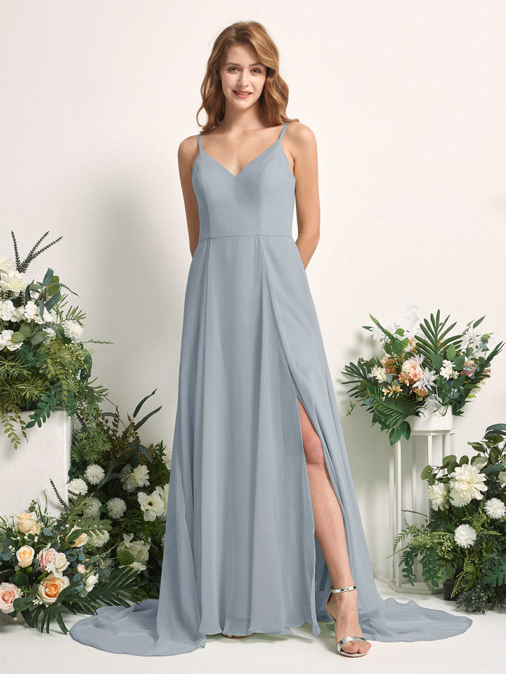 Carlyna Vestido línea A con escote en V y hendidura de pierna hasta el suelo dama de honor Azul Empolvado Mejorado 
