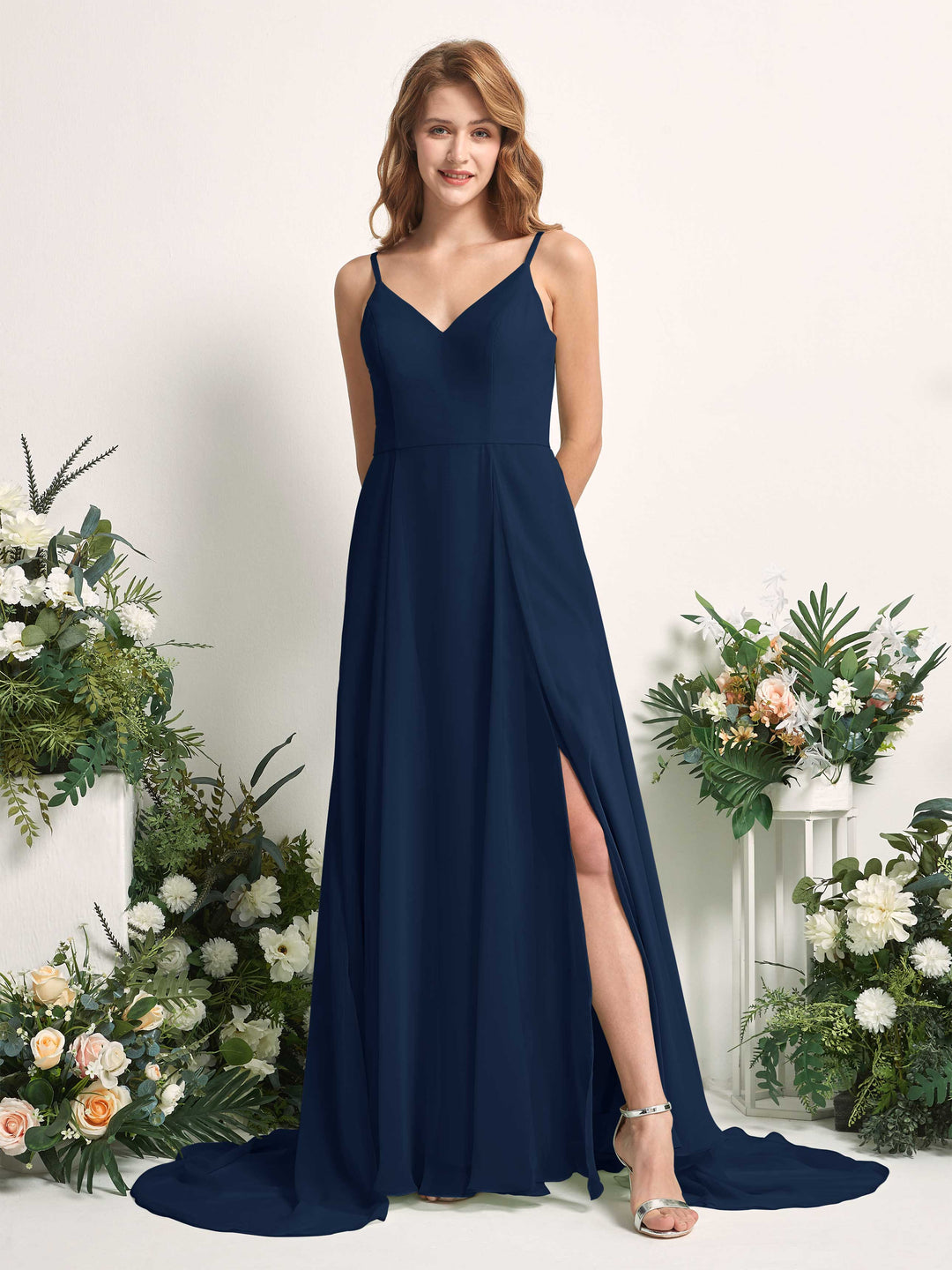 Carlyna Vestido línea A con escote en V y hendidura de pierna hasta el suelo dama de honor Azul Marino 