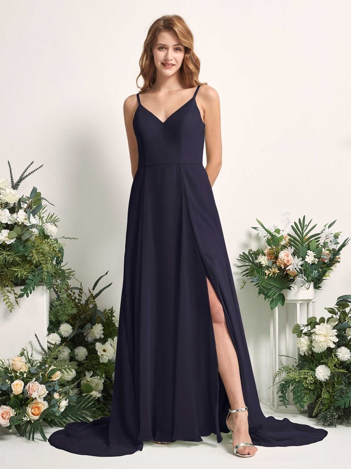 Carlyna Vestido línea A con escote en V y hendidura de pierna hasta el suelo dama de honor Azul Marino Oscuro 