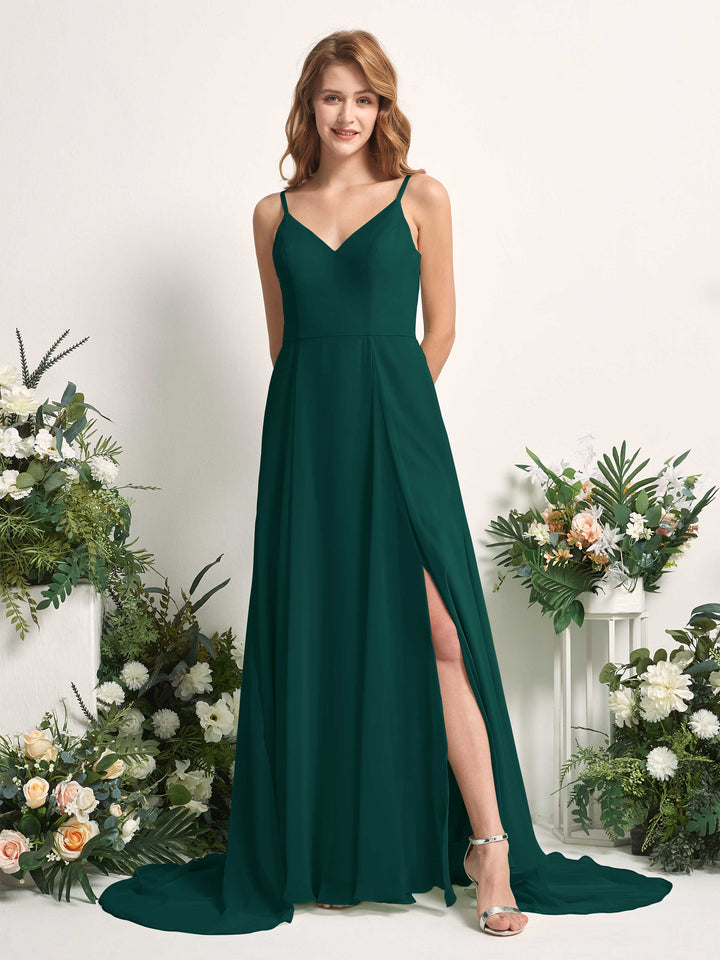 Carlyna Vestido línea A con escote en V y hendidura de pierna hasta el suelo dama de honor Esmeralda Oscuro 