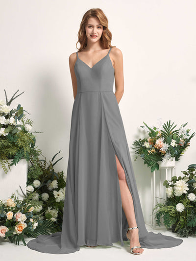 Carlyna Vestido línea A con escote en V y hendidura de pierna hasta el suelo dama de honor Gris Acero #color_gris-acero