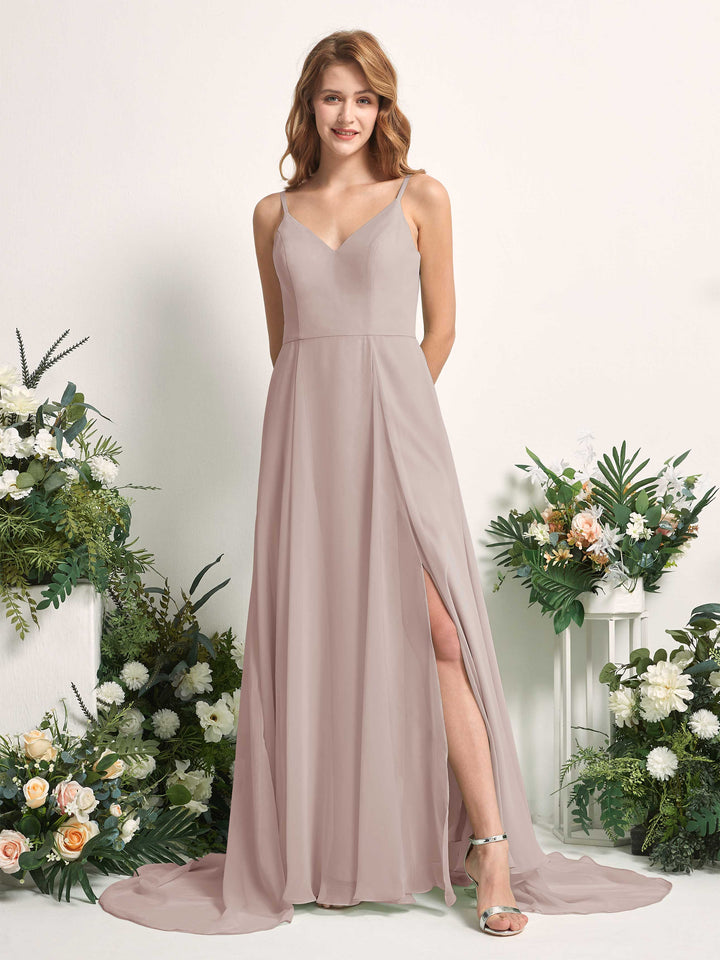 Carlyna Vestido línea A con escote en V y hendidura de pierna hasta el suelo dama de honor Gris Pardo 