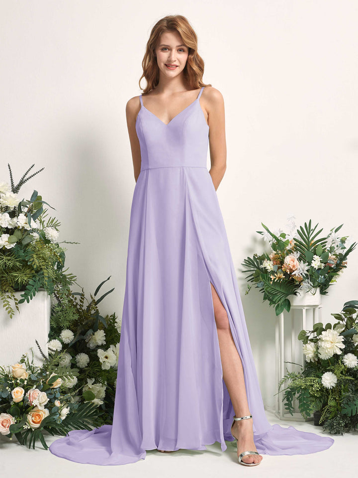 Carlyna Vestido línea A con escote en V y hendidura de pierna hasta el suelo dama de honor Lila 