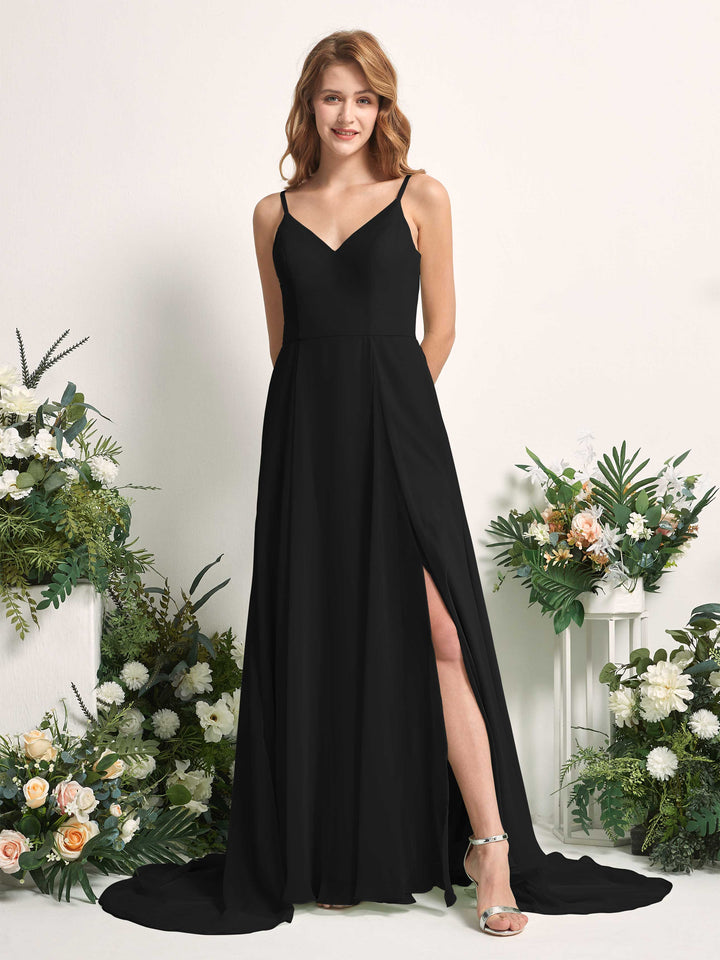 Carlyna Vestido línea A con escote en V y hendidura de pierna hasta el suelo dama de honor Negro 