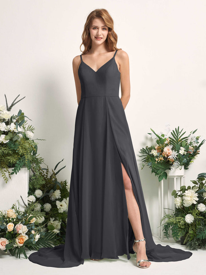 Carlyna Vestido línea A con escote en V y hendidura de pierna hasta el suelo dama de honor Peltre 