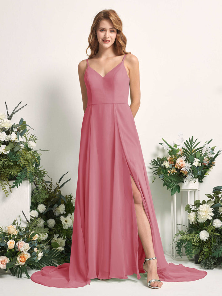 Carlyna Vestido línea A con escote en V y hendidura de pierna hasta el suelo dama de honor Rosa Del Desierto 