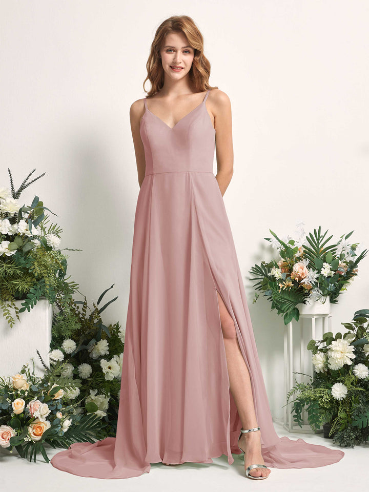 Carlyna Vestido línea A con escote en V y hendidura de pierna hasta el suelo dama de honor Rosa Polvorienta 