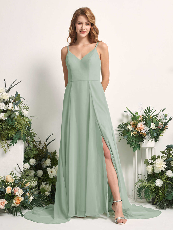 Carlyna Vestido línea A con escote en V y hendidura de pierna hasta el suelo dama de honor Verde Salvia 