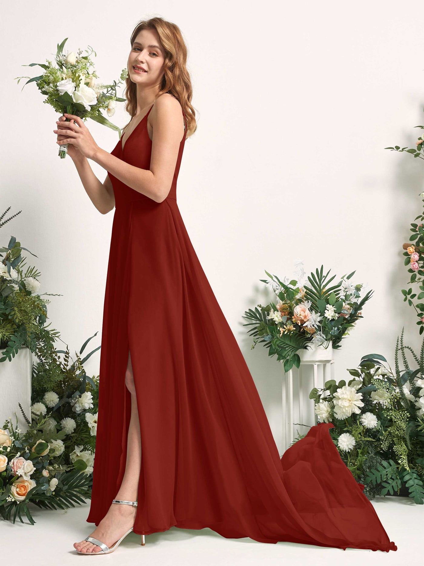 Carlyna Vestido línea A con escote en V y hendidura de pierna hasta el suelo dama de honor Óxido #color_xido