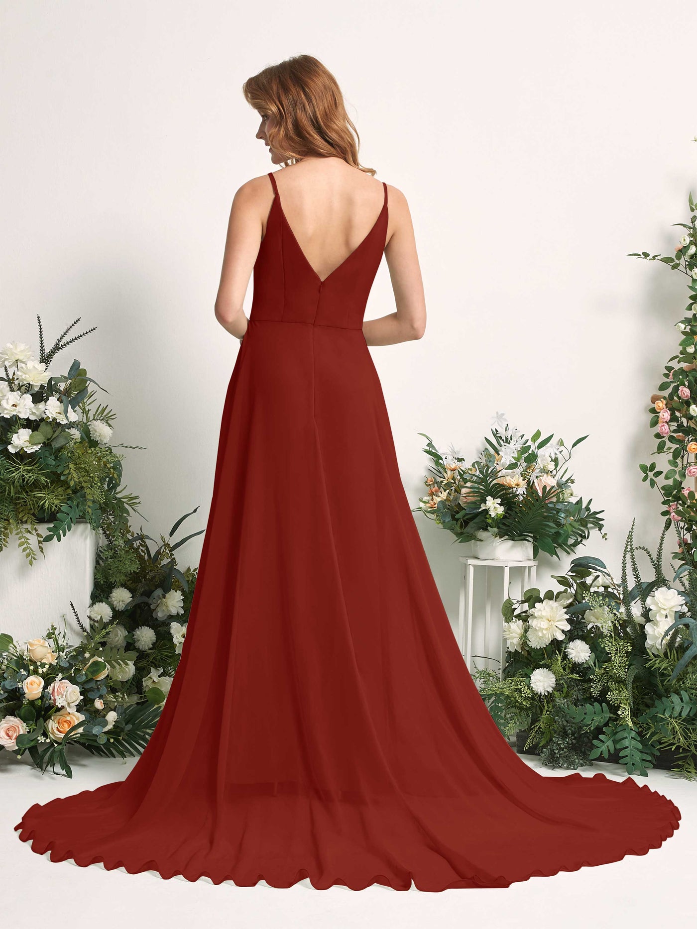 Carlyna Vestido línea A con escote en V y hendidura de pierna hasta el suelo dama de honor Óxido #color_xido