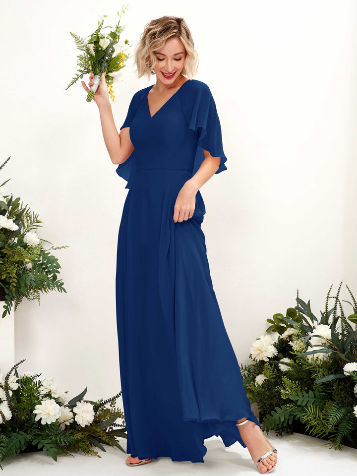 Carlyna Vestido línea A con escote en V y mangas capa hasta el suelo vestido de dama de honor Azul Real 