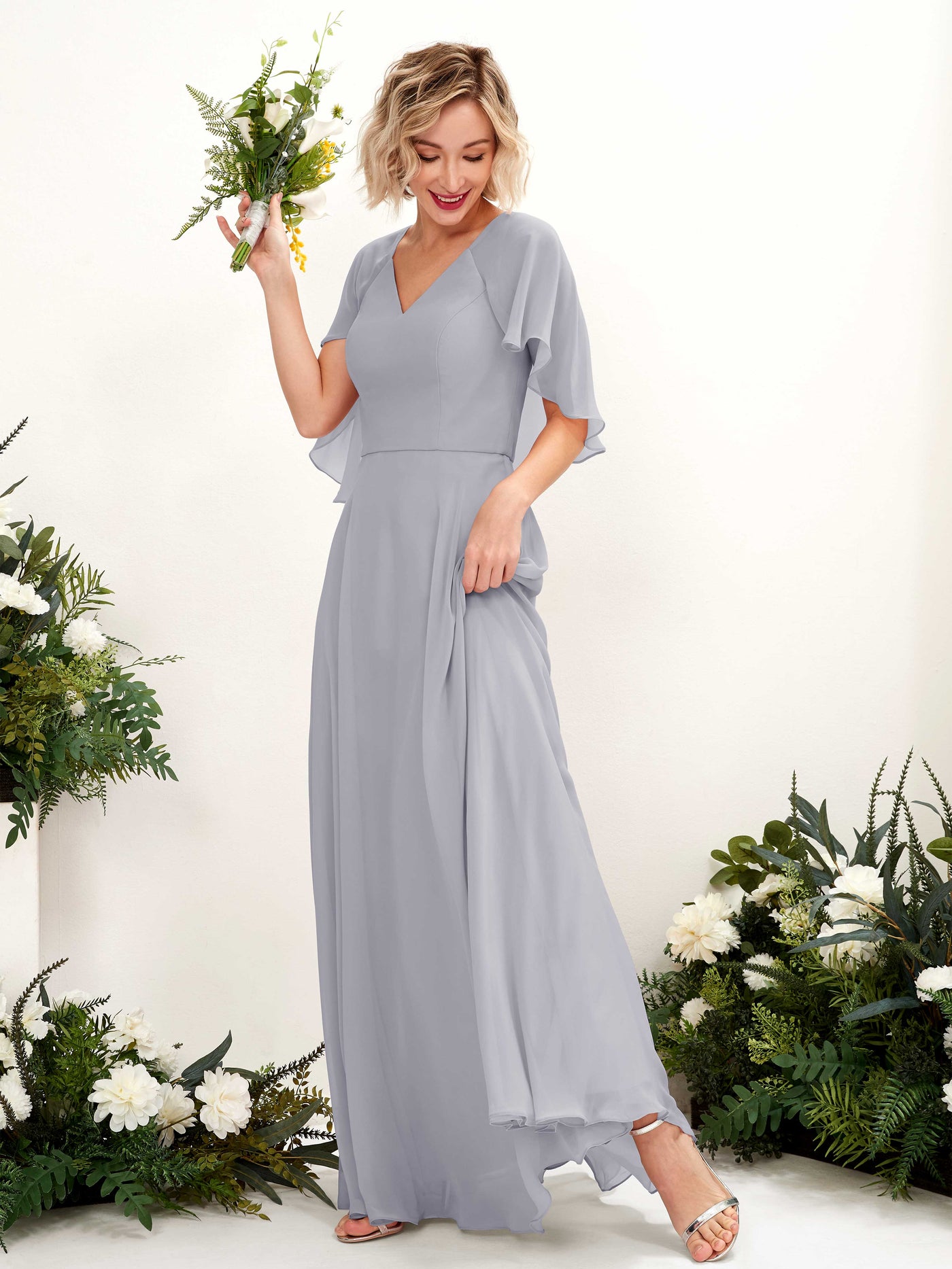 Carlyna Vestido línea A con escote en V y mangas capa hasta el suelo vestido de dama de honor Lavanda Viejo #color_lavanda-viejo