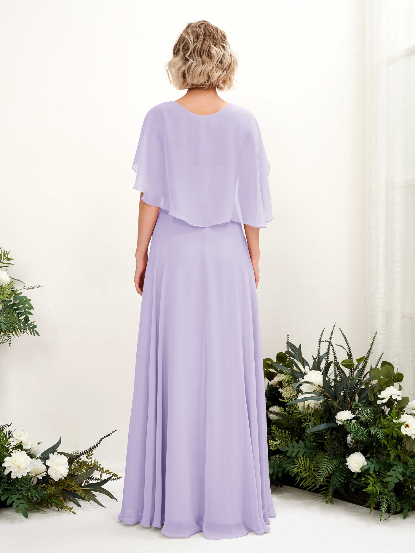 Carlyna Vestido línea A con escote en V y mangas capa hasta el suelo vestido de dama de honor Lila #color_lila
