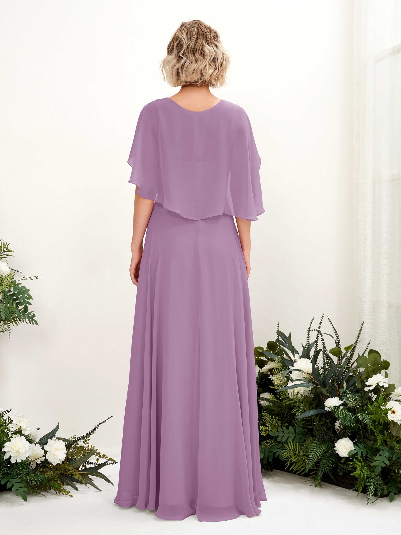 Carlyna Vestido línea A con escote en V y mangas capa hasta el suelo vestido de dama de honor Niebla Orquídea #color_niebla-orqu-dea