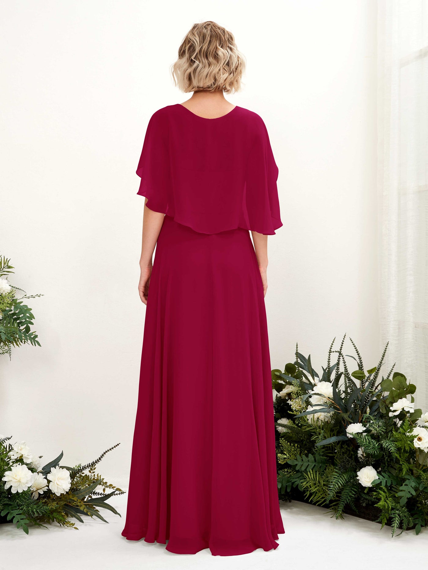 Carlyna Vestido línea A con escote en V y mangas capa hasta el suelo vestido de dama de honor Rojo Bufón #color_rojo-buf-n