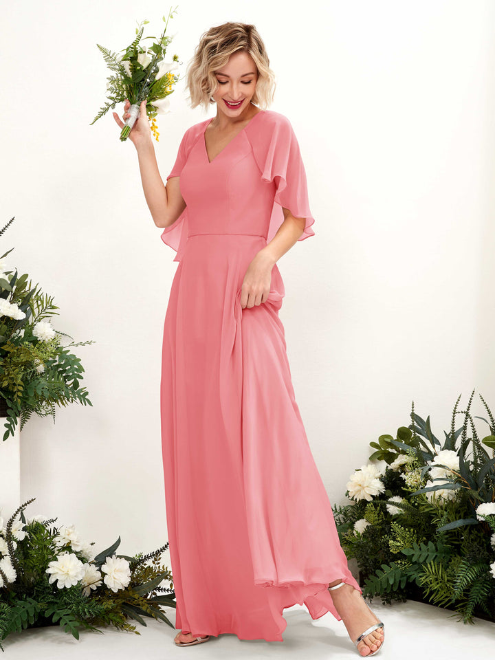 Carlyna Vestido línea A con escote en V y mangas capa hasta el suelo vestido de dama de honor Rosa Coral 