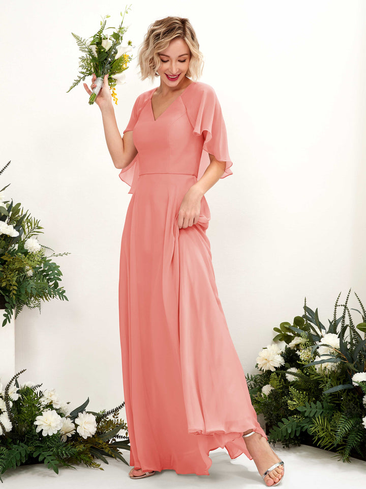 Carlyna Vestido línea A con escote en V y mangas capa hasta el suelo vestido de dama de honor Rosa Melocotón 