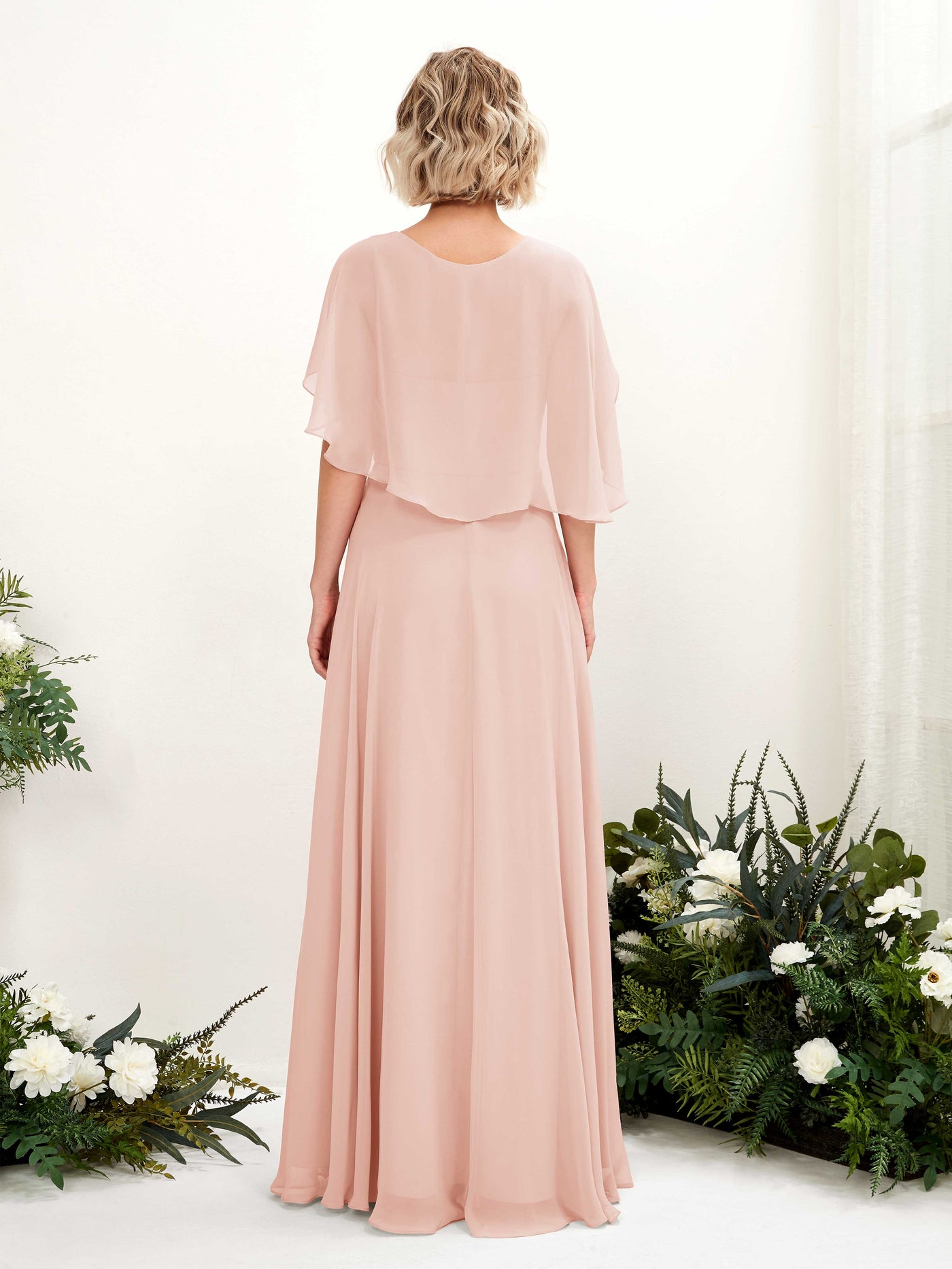 Carlyna Vestido línea A con escote en V y mangas capa hasta el suelo vestido de dama de honor Rosa Perla #color_rosa-perla