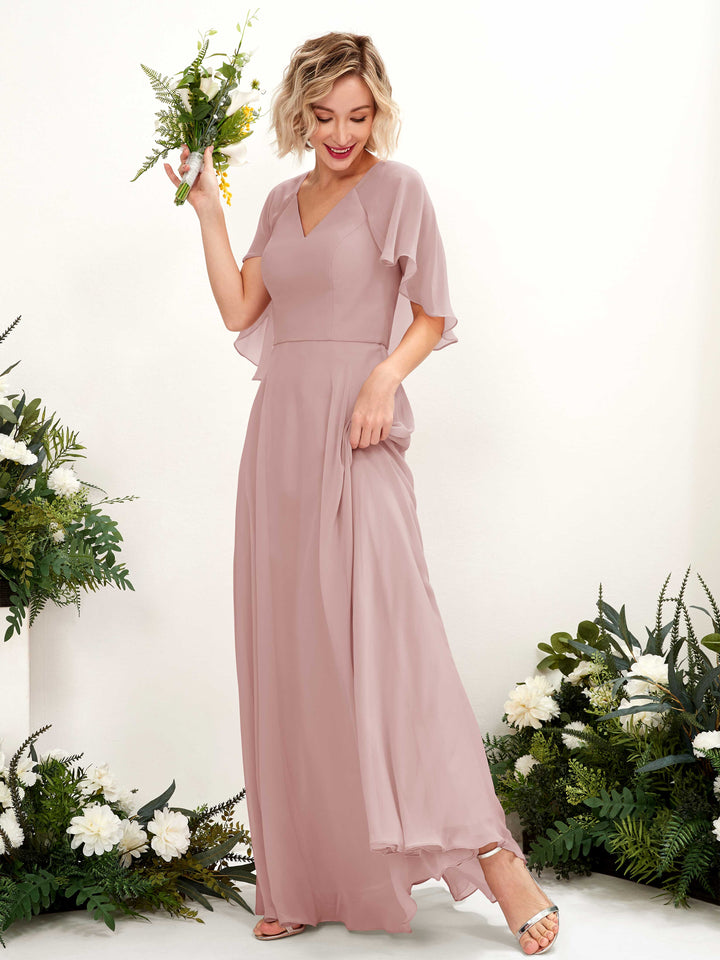 Carlyna Vestido línea A con escote en V y mangas capa hasta el suelo vestido de dama de honor Rosa Polvorienta 