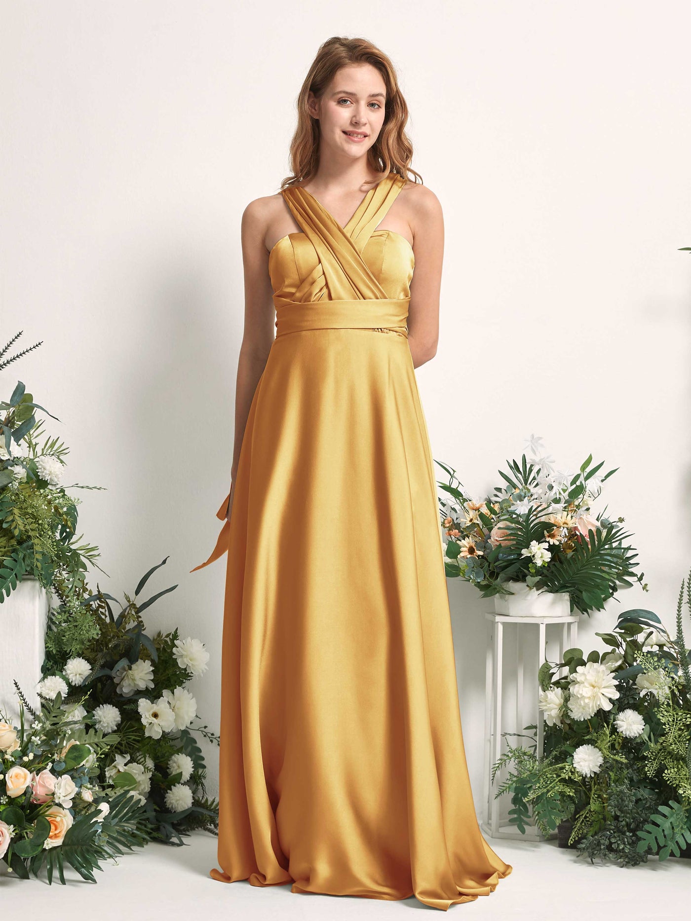 Carlyna Vestido línea A cuello de corazón hasta el suelo dama de honor Amarillo Canario #color_amarillo-canario
